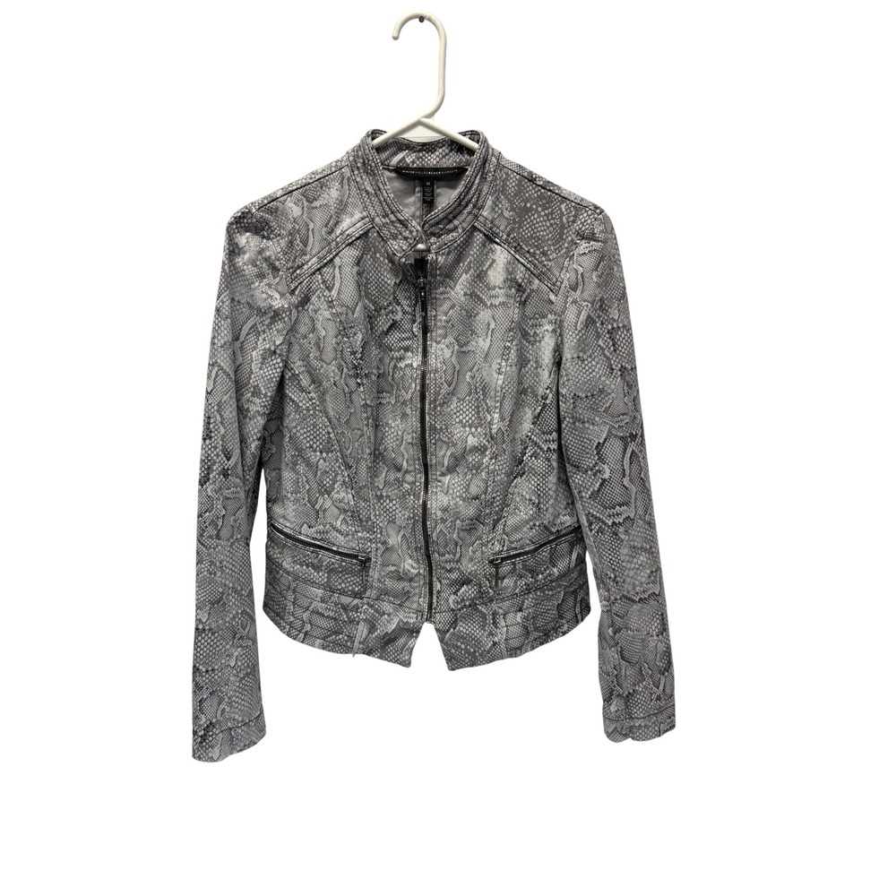 White House Black Market Moto Jacket Women 10 Grey Snakeskin Zip Up Stretch Coat